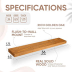 Homeforia 36 inch Golden Oak Floating Shelf, High End Solid Real Wood 36inch Small Floating Shelves for Wall Mounted, Oak Wooden 36in Floating Shelves, Heavy Duty Bracket, 36 X 6.5 X 1.75 in, Set of 2