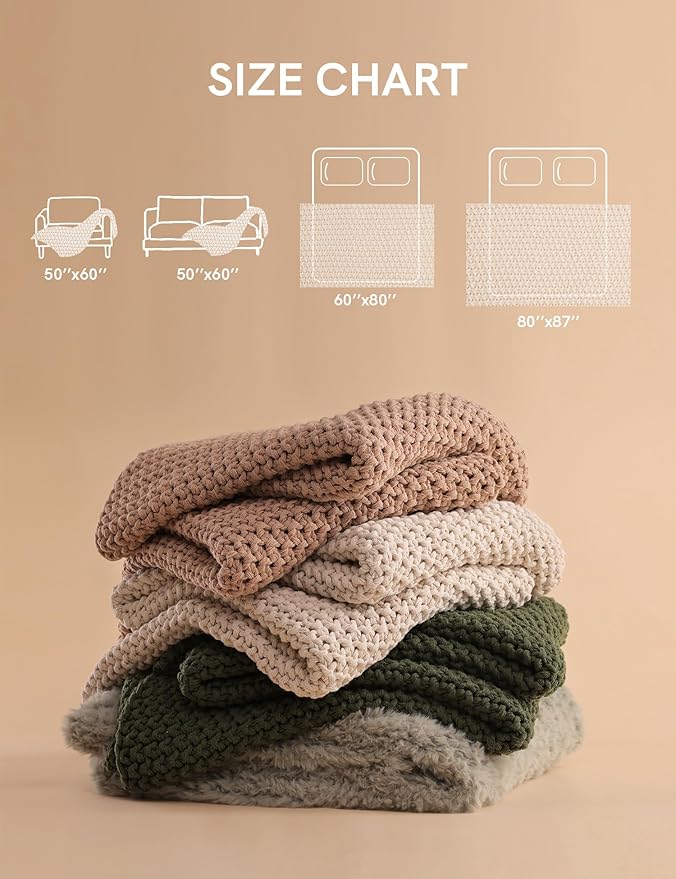 YnM Chunky Cotton Knit Throw Blanket, Cable Knit Throws for Bed Couch Sofa, Comfy & Relaxing, Decorative Piece for Farmhouse Modern Boho Rustic Scandinavian Chic Vibe, Beige 60x80 Inches