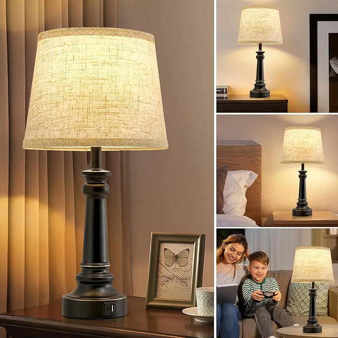 Touch Lamps for Nightstand Set of 2 - Black Table Lamp for Bedroom 3 Way Dimmable Bedside Lamp with USB C+A Ports - Lamps for Night Stands Living Room End Table,2 LED Bulbs Included