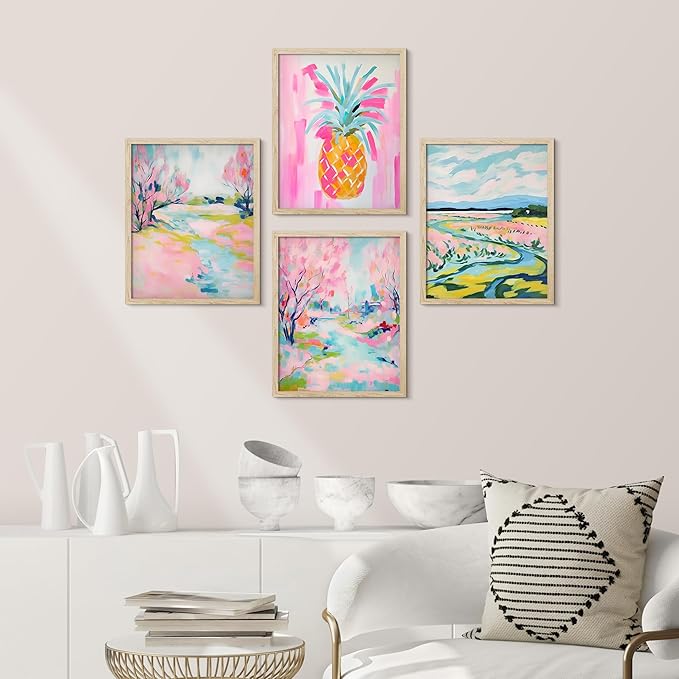 SIGNWIN Framed Vibrant Landscape and Pineapple Colorful Preppy Room Decor Pink Decor Digital Art Modern Art Decorative Multicolor Scenic for Bedroom - 11"x14"x4 Natural