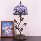 Small Tiffany Lamp Stained Glass Table Lamp Metal Leaf Accent Desk Memory Lamp Sympathy 8X20 Inch (Blue Baroque Style)