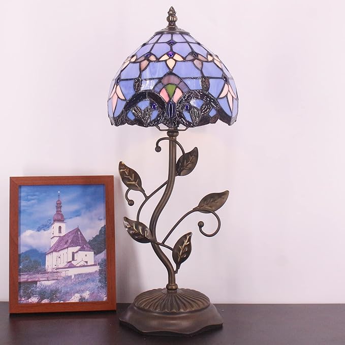 Small Tiffany Lamp Stained Glass Table Lamp Metal Leaf Accent Desk Memory Lamp Sympathy 8X20 Inch (Blue Baroque Style)