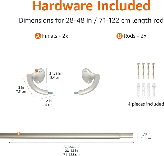 Amazon Basics Room Darkening Blackout Curtain Rod - 28" to 48", Nickel