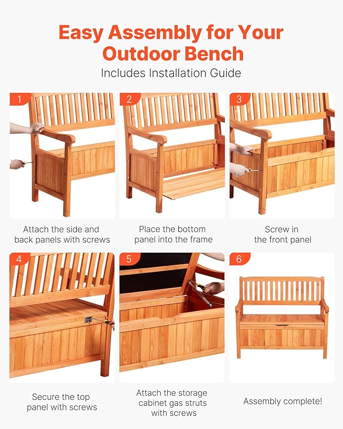 VEVOR Outdoor Storage Bench, 2-Person Wooden Storage Bench, 33 Gallons Deck Box with Side Handle, Supports up to 705 lbs, Weatherproof Outdoor Seating & Porch Decor, for Patio Garden Balcony Yard