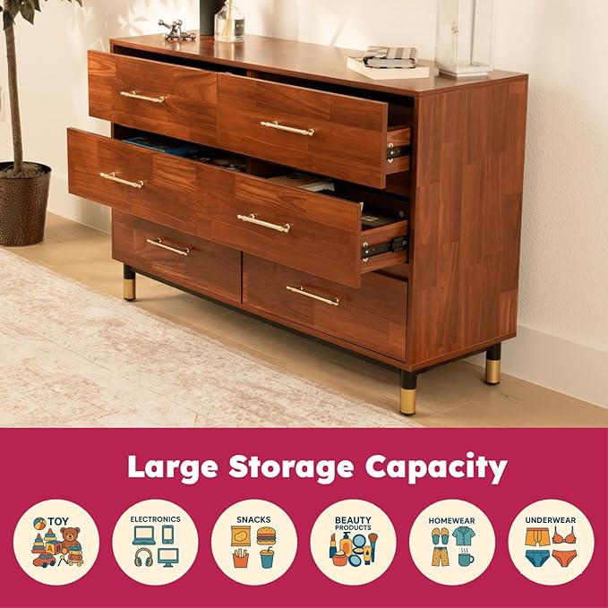 Walnut Dresser for Bedroom, 6 Drawer Brown Wood Dresser with Modern Storage Organizer, Wide Chest of Drawers for Closet, Clothes, Living Room