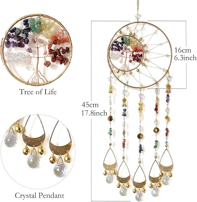Colorful Dream Catcher Wall Decor Tree of Life Dream Catchers with Crystal Pendant Handmade Dreamcatcher Wall Hanging Ornament for Bedroom Living Room Home Decor