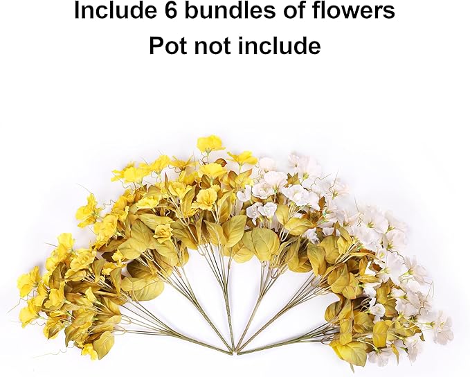 Fall Flowers Fake Flowers Mums for Outdoors Autumn Decoration, 6 Bundles Artificial Flowers Faux Silk Plants Realistic UV Resistant for Outside Planter Patio (Fall Yellow White)