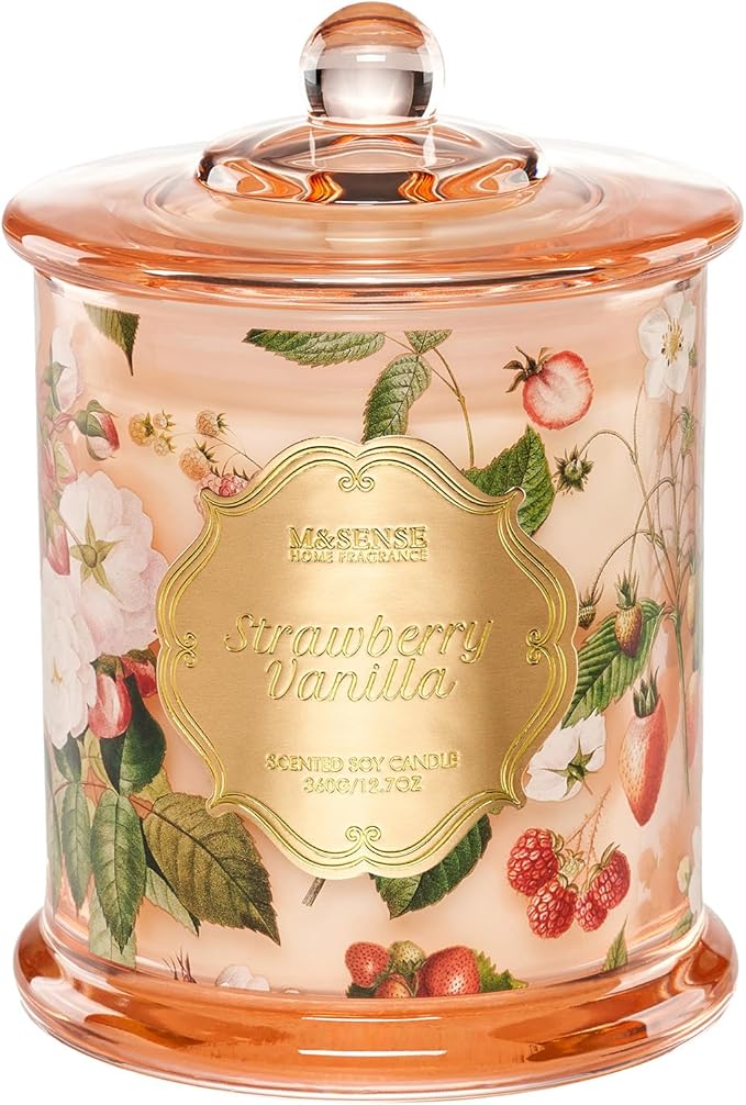 M&SENSE Strawberry Vanilla Scented Candle, Natural Organic Soy Candle 12.7oz 75 Hour Long Lasting Slow Burning, Good Smelling Relaxing Aromatherapy Aaesthetic Gift for Women