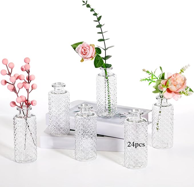 Honeydak Set of 24 Plastic Bud Vases, Vintage Decorative Mini Flower Vases Bulk for Table Centerpieces, Wedding Reception, Home Decor, Housewarming Gifts (Micro-Diamond)