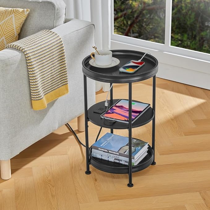 Dulcii Round Side Table with Charging Station, 24'' End Table with 3 Shelves for Living Room, Bedroom Nightstand with Steel Frame for Small Spaces, Industrial Round Sofa Table (USB+Black)