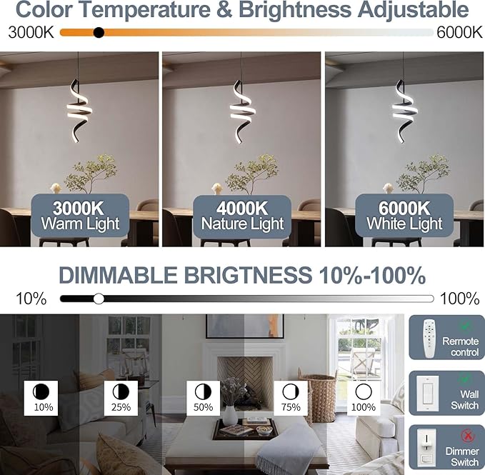 3000-6000K Dimmable Modern Pendant Light,Black LED Pendant Light for Kitchen Island Fixtures Chandeliers for Dining Room Hanging Lights, 1 Pack