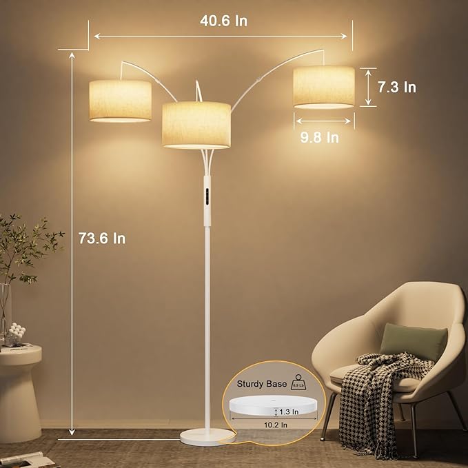 36W LED Arc Floor Lamp with 3 White Fabric Shades, 3000LM Super Bright Standing Lamp with Remote Control & Touch, Stepless Dimming, Individual Light Control for Living Room, Bedroom
