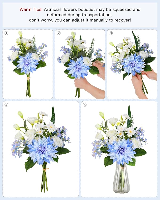 Nubry Fake Artificial Flowers Bouquet,Faux Silk Dahlia Flower Bouquet Floral Arrangement Fake Plant Decor for Tables Centerpieces,Home Office Party Wedding Decor(Blue)