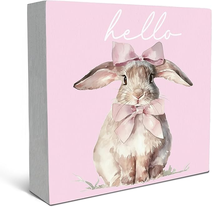 SRADMO Pink Coquette Bow Hello Bunny Wood Box Sign Desk Decor, Bunny Decorations, Easter Theme Wooden Block Box Sign Decoration for Home Office Shelf Table Decor