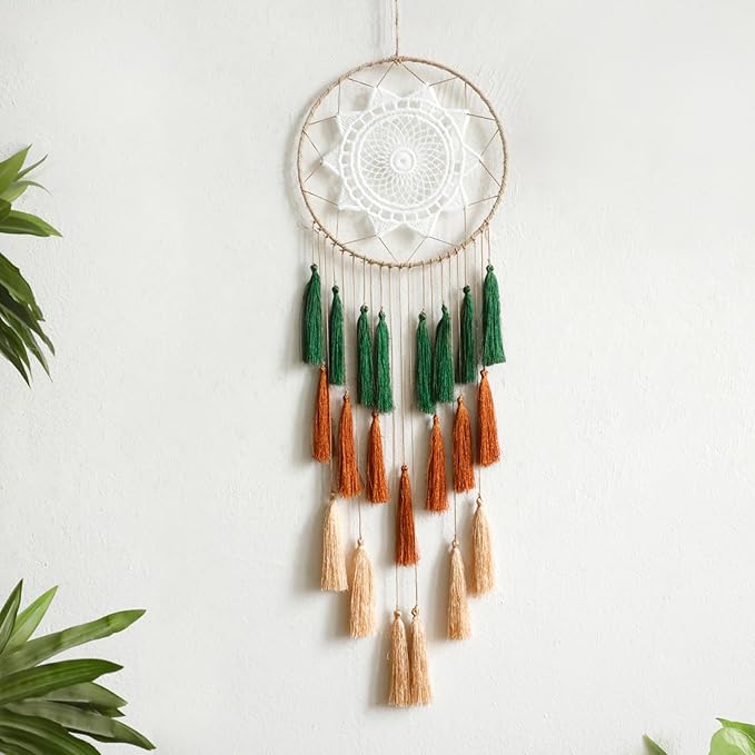 Artilady Macrame Dream Catchers for Bedroom - Tassel Wall Hanging Handmade Dreamcatchers Home Decor with Tassel Feather Ornament Craft Blessing Gift (Green Mix)