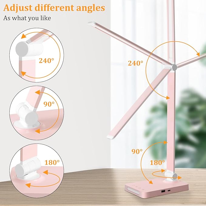 LED Desk Lamp with USB Ports,Touch Desk Lamps for Home Office with 5 Color Modes,3 Brightness Desk Light with Small Night Light,Reading Lamp Table Lamp for Bedroom Bedside Study Pink （with adapter）
