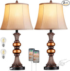 Set of 2 Touch Control Traditional Table Lamp, 27" H Bedside Lamps with 2 USB Charging Ports, 3-Way Dimmable Bronze Finish Large Nightstand Lamps with Bell Faux Silk Shade for Living Room, Bedroom