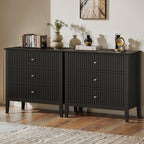 Large Black Fluted 3 Drawer Dresser Set of 2, Chest of Drawers with Ball Bearing Slide Modern 30 inch Tall Wood Nightstand with Spacious Storage for Bedroom Hallway Living Room Entryway