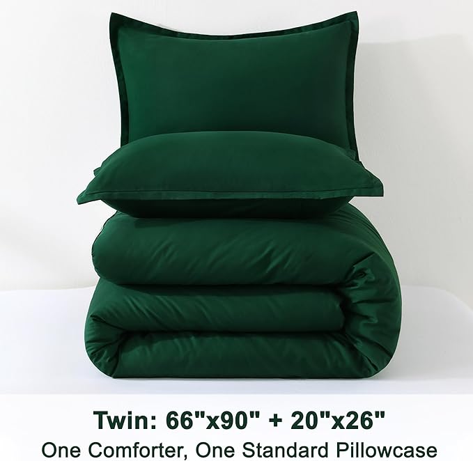 Litanika Dark Emerald Green Twin/Twin XL Comforter Set, 2 Pieces Solid Forest Bedding Set, All Season Fluffy Bed Set (66x90In Comforter & 1 Pillowcase)