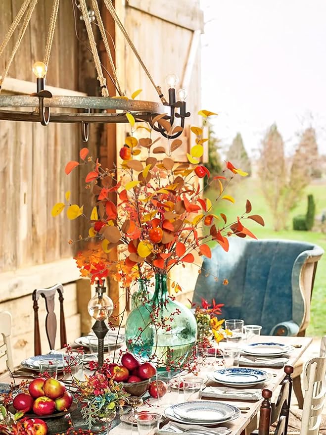 Beferr Fall Eucalyptus Stems Christmas Decor - 5Pcs 32" Tall Faux Eucalyptus Leaves Pumpkins Branches Autumn Thanksgiving Farmhouse Harvest Fireplace Table Centerpiece Home Decorations