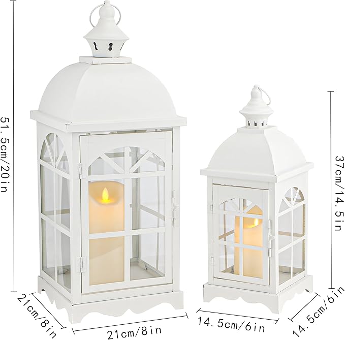 TRIROCKS Set of 2 Decorative Vintage Candle Lanterns 14.5"&20" H Farmhouse Outdoor Hanging Lanterns with Tempered Glass for Porch, Balcony, Patio, Home, Centerpieces, Indoor, Outdoor(White)