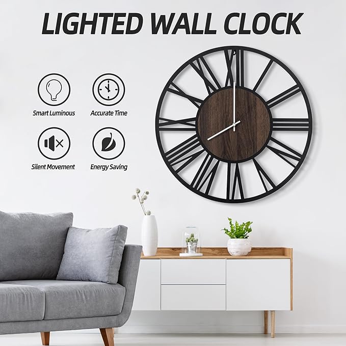 LEIKE Large Wall Clocks with Night Light Battery Operated,Silent Non Ticking,Rustic Modern Big Wood Clock for Living Room, Bedroom,Kitchen,Farmhouse,Office,Home Decor-32 Inch(Roman Numerals)