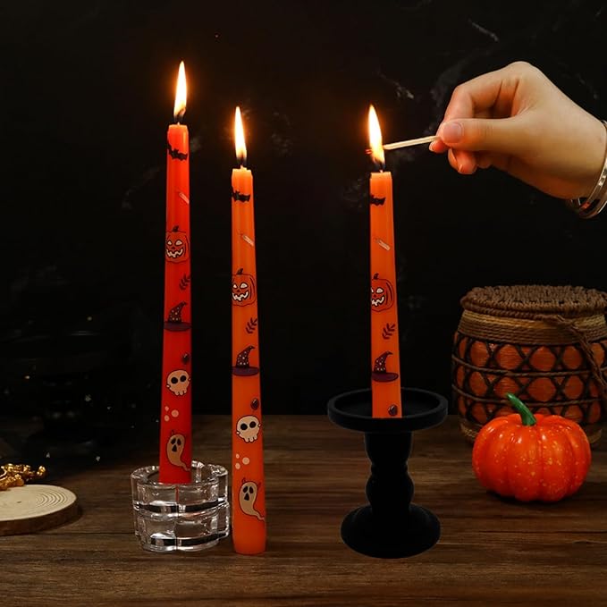 Black Glass Candle Holders Set of 3 Clear Candlestick Holder Vintage Candle Stands for Pillar Taper Candle Tea Light Home Decor Table Centerpieces Halloween, Candleholder Sets with 4 Pcs Taper Candles