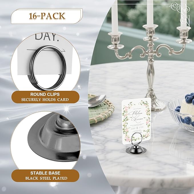 Urban Deco 16 PK Table Card Holder Place Card Holders Steel Card Holders for Photos, Food Signs, Memo Notes, Weddings, Restaurants, Birthday (Black)