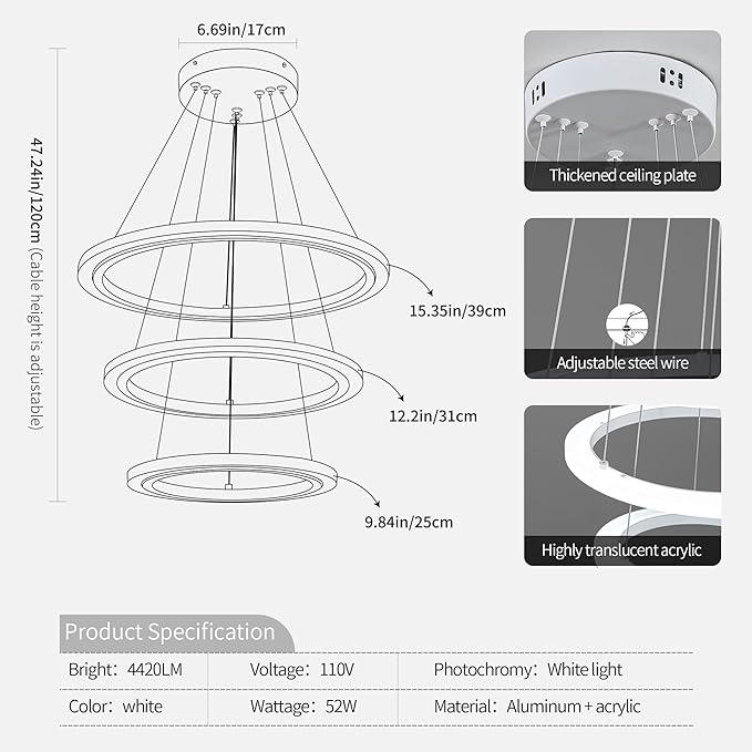O'NEELDY Modern LED Chandeliers White Pendant Light Fixture 3 Ring Flush Mount Chandeliers with Adjustable Hanging Cord for Bedroom,Kitchen, Island Cafe