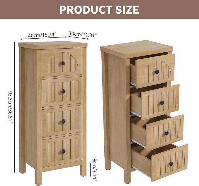 4 Drawer Dresser for Bedroom 36.81''Tall Modern Chest of Drawers with Fluted Panel Wood Storage Dresser Organizer with Deep Drawers for Nursery Living Room Hallway (1, Wood Color)
