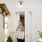 Industrial Semi Flush Mount Ceiling Light Brushed Gold, 800 Lumen LED Bulb Included, Clear Glass Shade Ceiling Light Fixture, Light Fixture for Hallway Bathroom Bedroom, Vintage Hanging Light Fixtures