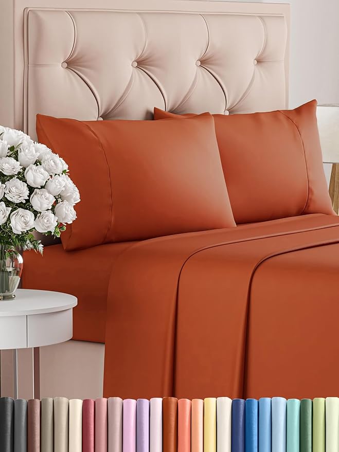 Twin Sheets Set 4 Piece - Includes 2 Pillowcases - Bed Sheets Twin Size - Soft Hotel Luxury Bedding - Cooling, Comfy, Cozy & Breathable - 1 Flat & 1 Fitted & 2 Pillowcases w/ Deep Pockets - Terracotta