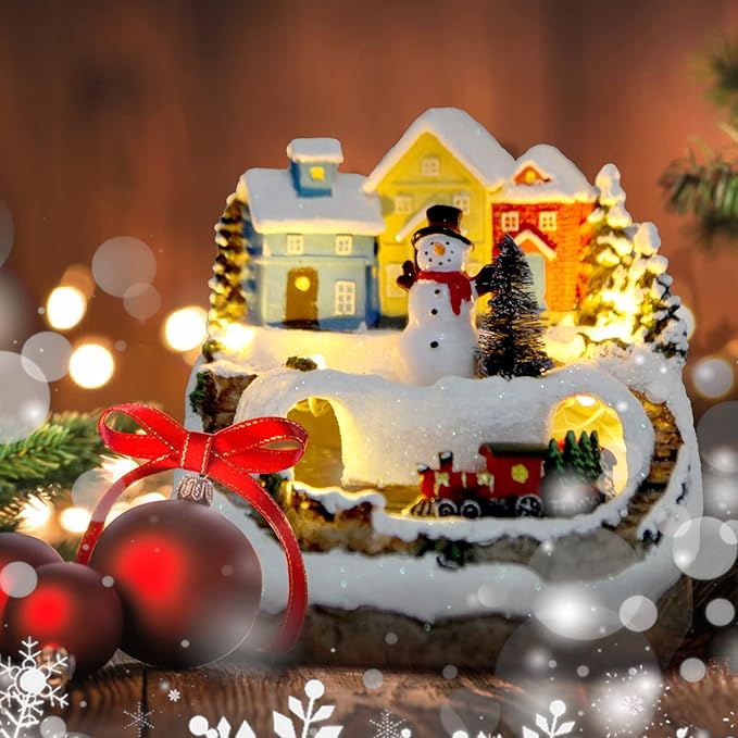 Christmas Decorations Village House Resin Collectible Building Figurines Revolving Train Musical Snow Globe 8 Music for Vintage Christmas Decor (Snow Man)