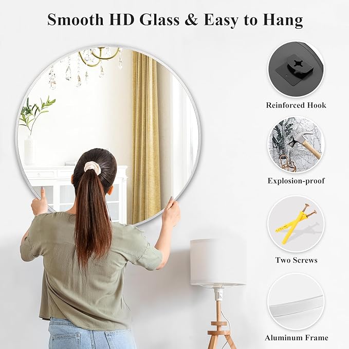 Fabuday Silver Round Mirror 30 Inch - Big Circle Mirror for Bathroom, Living Room, Hallway, Entryway, Matte Aluminum Frame Circular Mirrors for Wall Decor