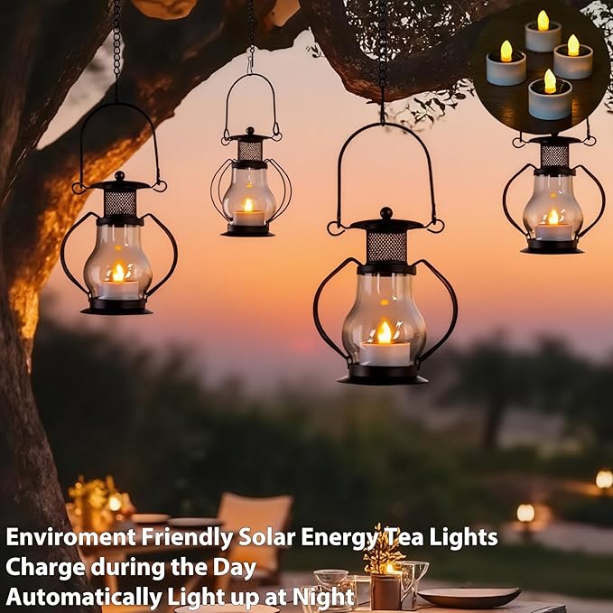 Solar Hanging Lanterns Outdoor Waterproof, Vintage Mini Metal Lantern with Flickering Solar Powered Tea Lights, Perfect Chargeable Solar Lights for Backyard Patio Garden Fence Tree Decoration-4Pack