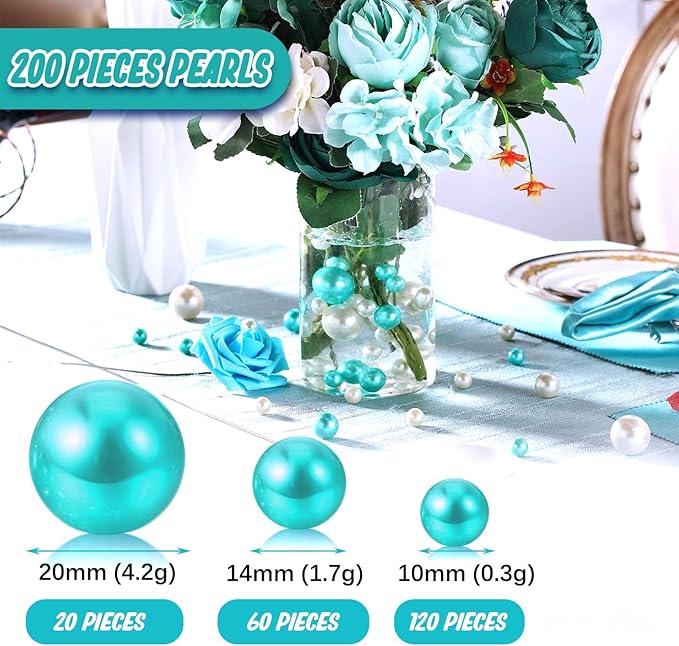 200 PCS Teal Vase Fillers, Pearls Bead for Centerpieces Vases, 10/14/20 MM No Hole Beads, Fake Pearls for Wedding Birthday Anniversary Theme Party Table Centerpieces Decor