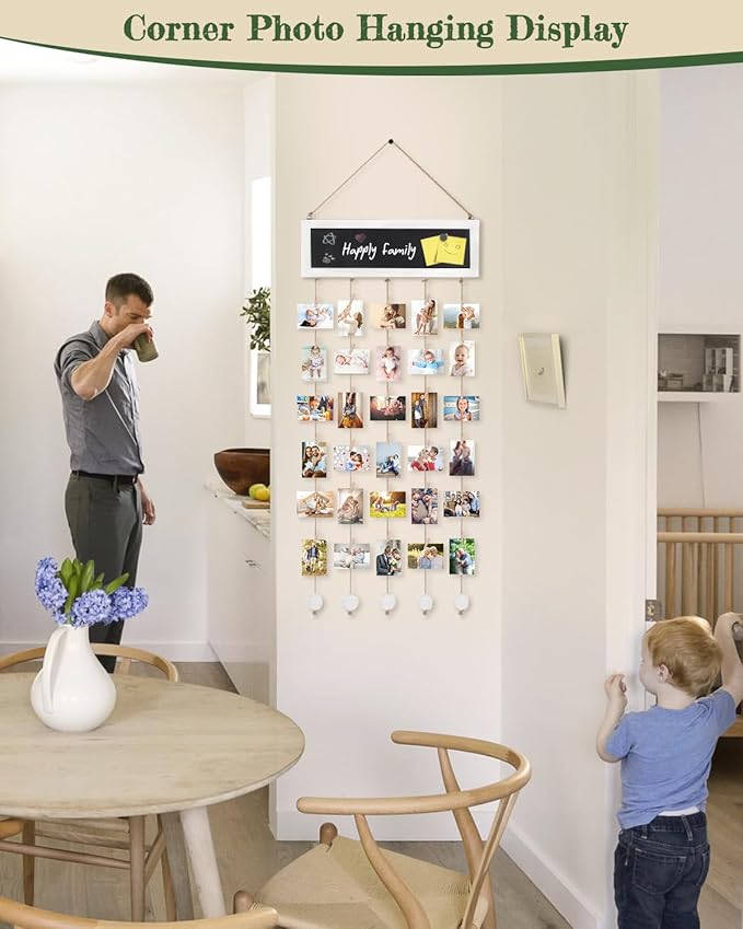 Bikoney Picture Frames Collage Wall Decor Photo Hanging Display Picture Board Wood Rustic Frames for Home Dorm Room Decor with Blackboard and 30 Clips White