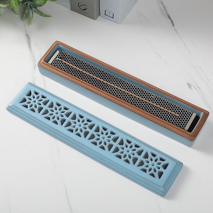 CEREMONY Incense Holder,Ceramic Incense Holder for Sticks with Ash Catcher,Coffin Style Incense Box,Incense Burner for Meditation Yoga Spa Room Decor(Blue)