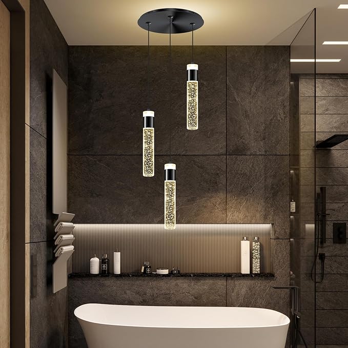 Dimmable 3-Light Pendant Lights Kitchen Island Crystal Hanging Light Modern Black Ceiling Light for Dinning Room Living Room