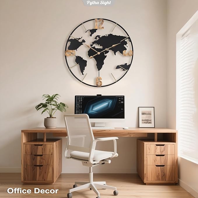 36 Inch Oversized Giant Extra Large Modern Decorative Metal World Map Wall Clock,Big Vintage Gold Arabic Numeral Wall Clocks for Living Room,Entryway,Office,Fireplace,Dining Room