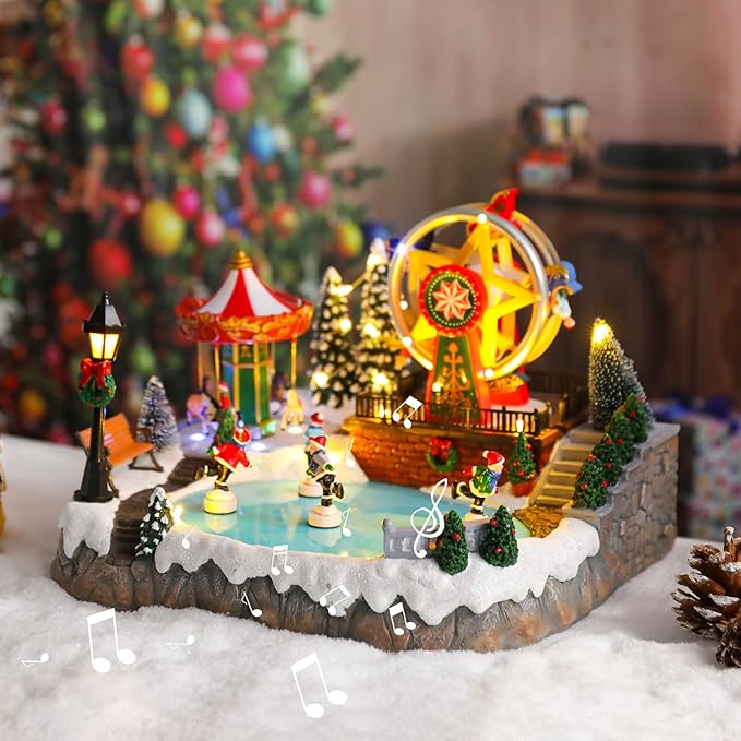 Christmas Village House Musical Christmas Collectible Buildings Amusement Park Carousel Skating Ferris Wheel with LED Lights Vacation Village with USB Indoor Figurines Xmas Decoration