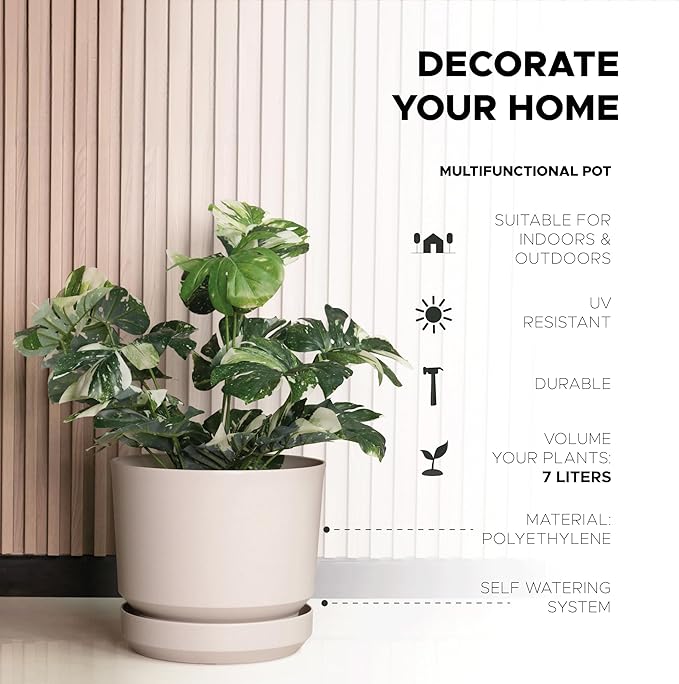 Elly Décor 8 inch Plastic Cylinder Planter Pot with Self-Watering Saucer and Drainage Hole,Lightweight & Extremely Durable, 8"x 8", Ivory