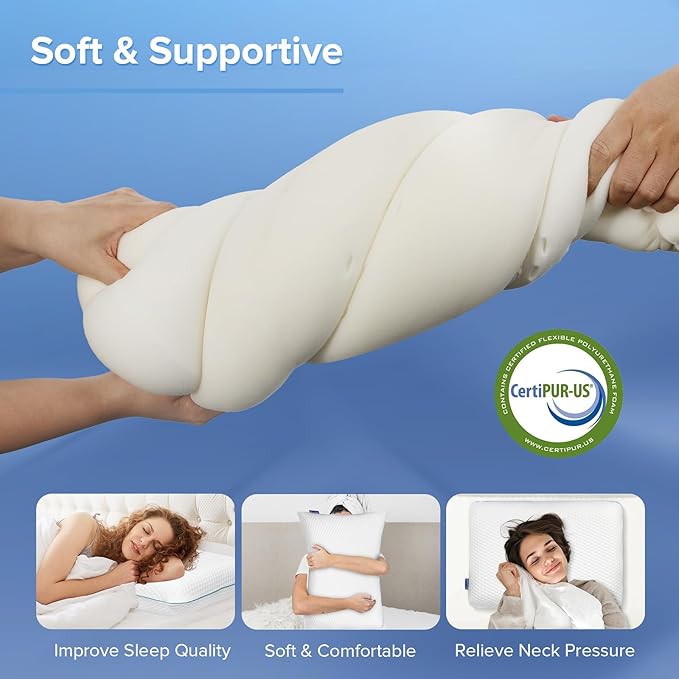 Memory Foam Pilllows for Sleeping, Soft Contour Pillow for Pain Relief, Bed Pillow for Side Back Stomach Sleepers，Cooling Pillow with Removable and Washable Cover, White