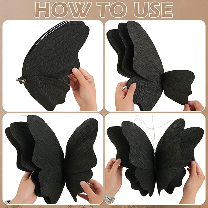Party Butterfly Decorations, Black 3D Butterfly Birthday Decoration, 4 Pcs Crepe Paper Hanging Decor for Room, School, Black Theme, Flower Party for Garden, Dining Table Decor