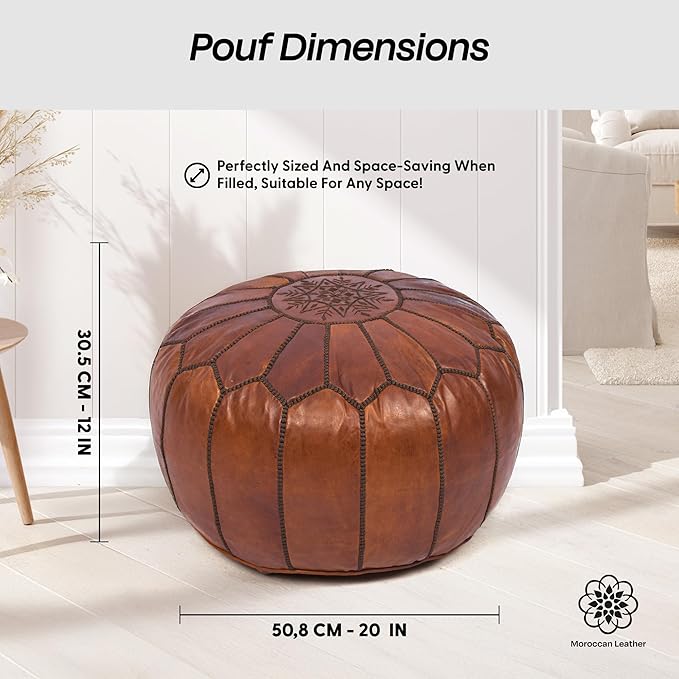 Handmade Moroccan Genuine Leather Pouf Ottoman Cover – Unstuffed Foot Stool Ottoman, Boho Foot Rest Under Desk, Round Ottoman for Living Room, Bedroom - Housewarming Gifts New Home, Weddings Gifts