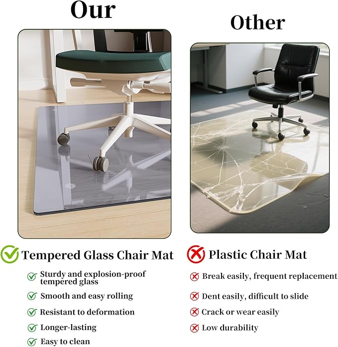Glass Chair Mat 36" x 55" Heavy Duty Tempered Glass Mat,Office Glass Floor Mat with Round Corner and Polished Edge for Smooth Glide, Carpet Hardwood Floor Protector,Grey