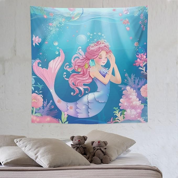 HZOHNAGO Mermaid Girls Tapestry Watercolor Flowers Mermaid Princess Blessing Pattern for Kids Room Decoration Printed Wall Tapestry Wall Hanging for Bedroom Living Room Dorm 60" W x 60" H