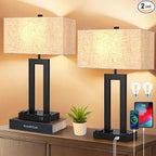 Modern Table Lamps Set of 2-22" Tall Bedside Lamps with USB-C/USB-A Charge Ports & Outlet, Stepless Dimmable Fabric Cream Shade Nightstand Lamps for Bedroom & Living Room