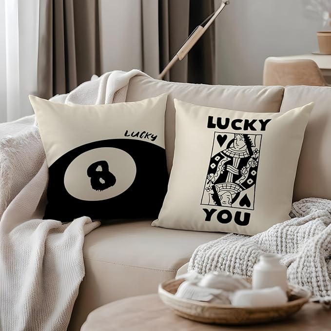 Trendy Retro Black 8 Ball Lucky You Poker Pillow Covers 18x18, Downtown Girl Room Decor, Funky Y2K Lucky You Decorative Throw Pillow Covers for Girls Room Dorm Apartment Home, Set of 2