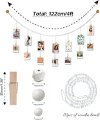 4 Feet Wooden Beads Garland with Clothespins Picture Cards Holder - Country Farmhouse Christmas Nursery Boho Holiday Decorations with Clips